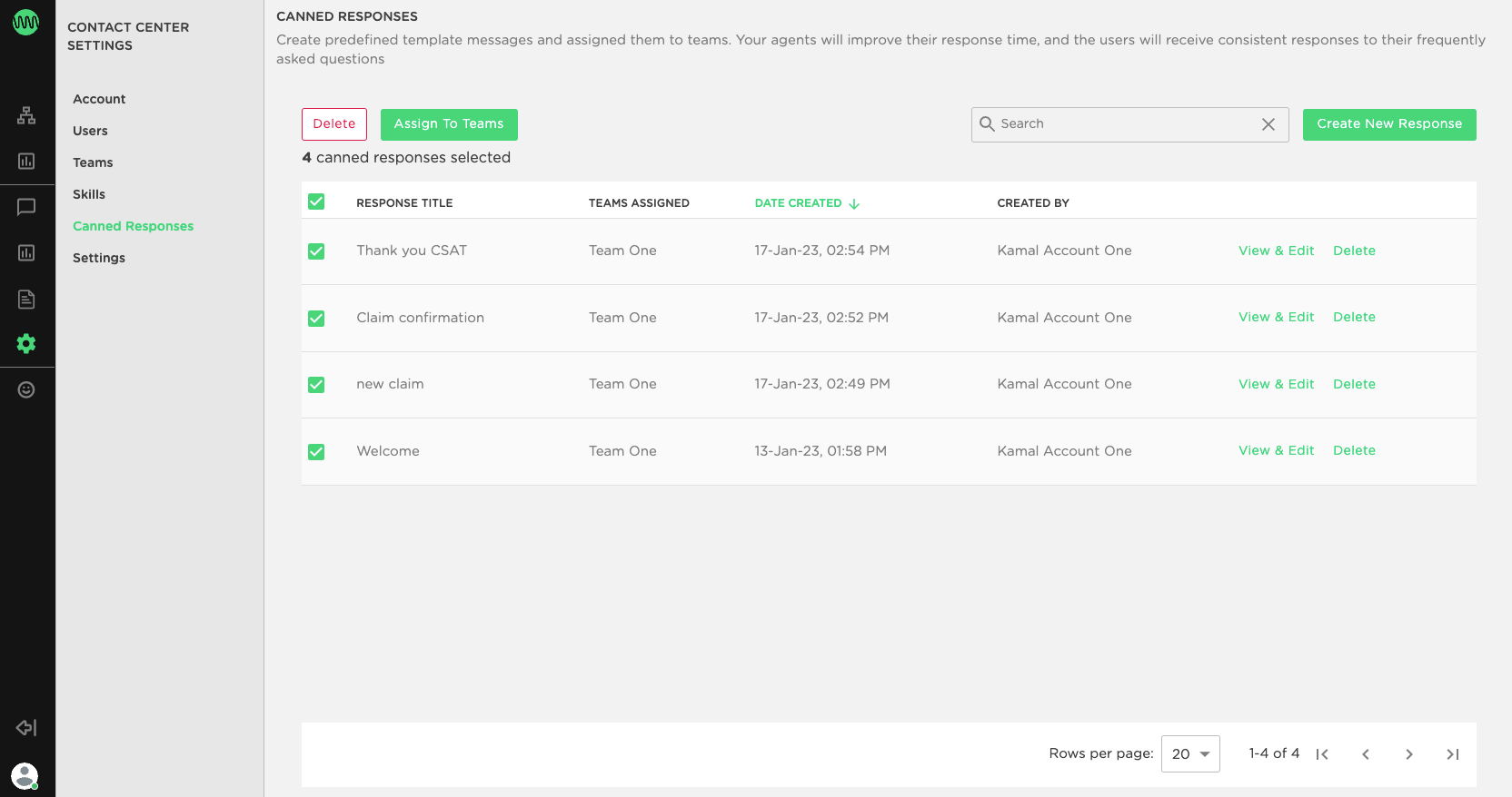 Canned response listing page
