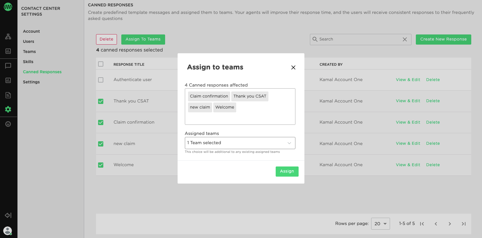 Bulk assign canned responses to teams