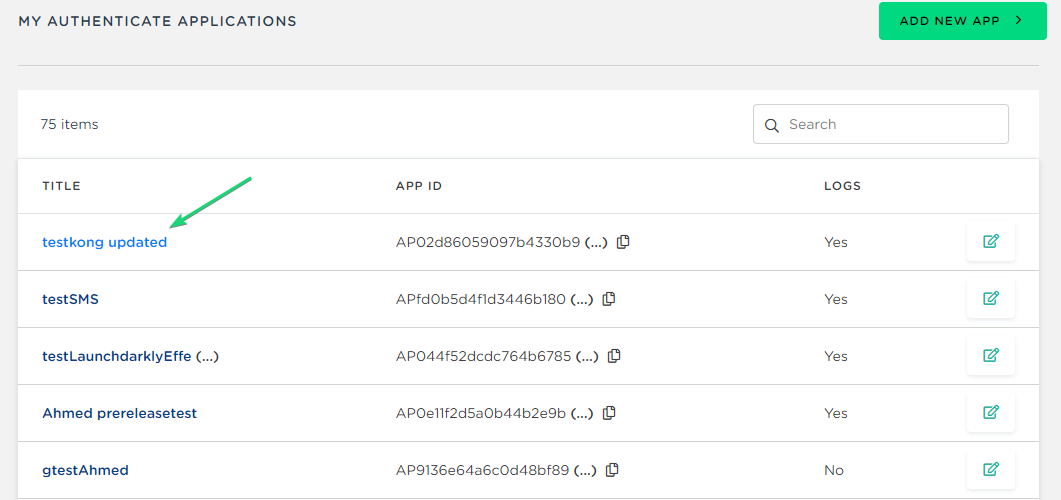 118b.png My Applications page showing the Authenticate application ID and application name