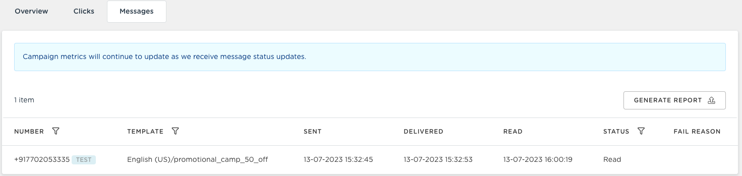 Test number detailed delivery report