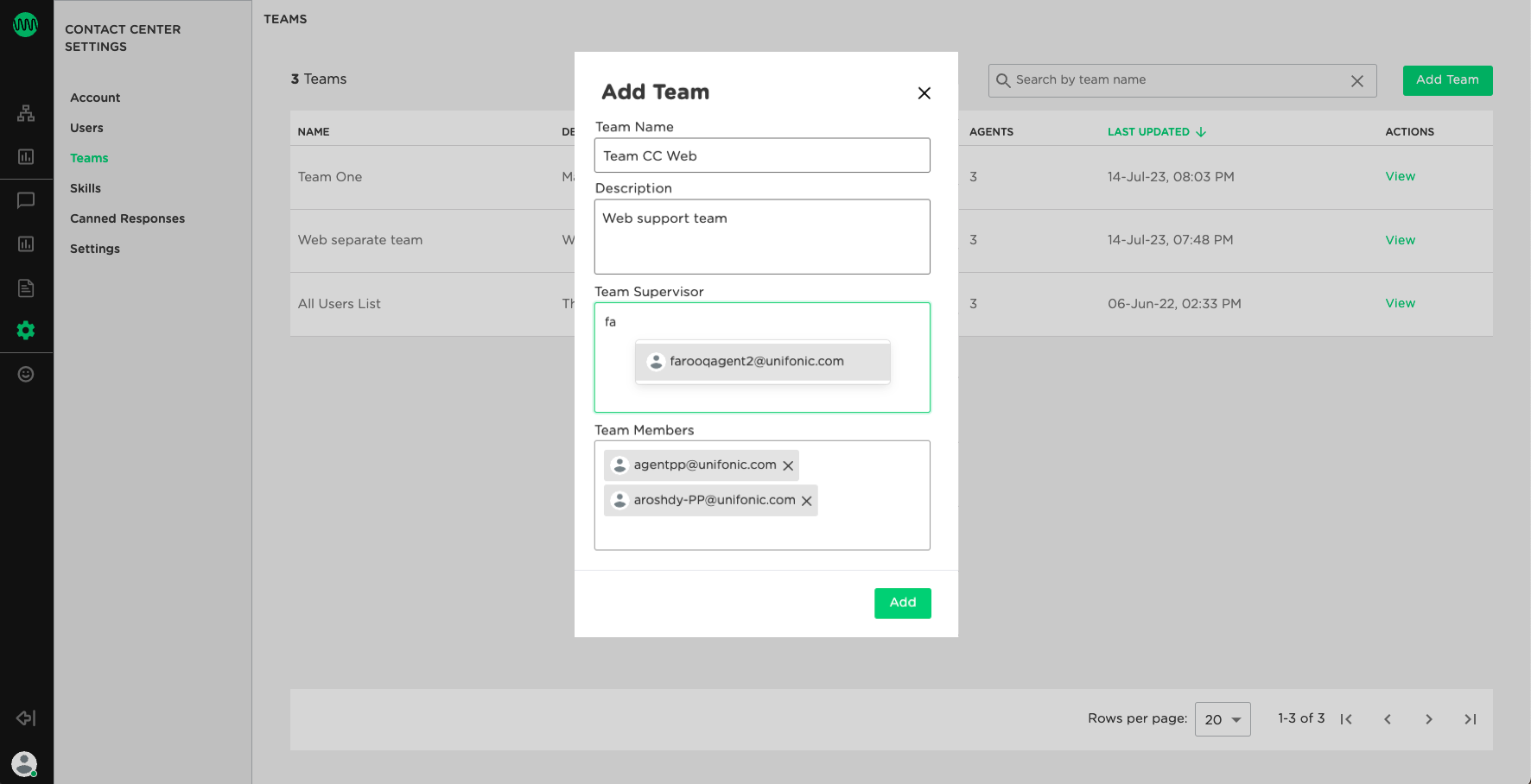 "Add new team" pop-up window