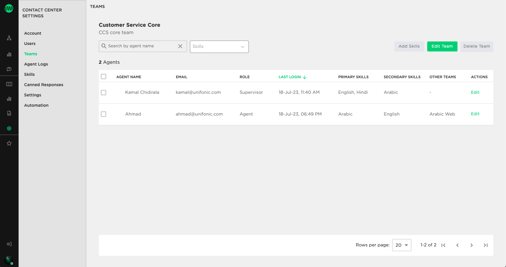Teams detail page