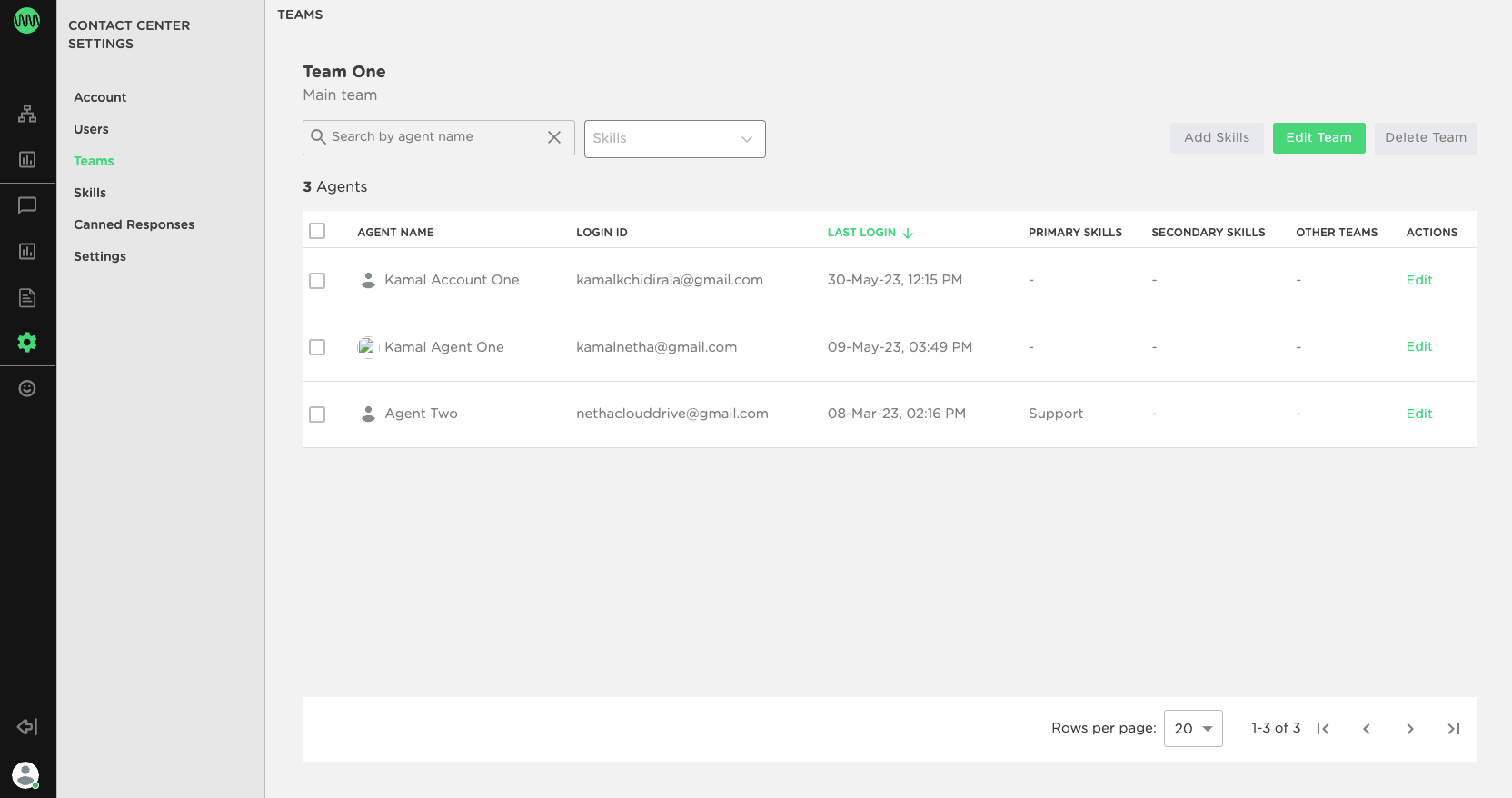 Team list page