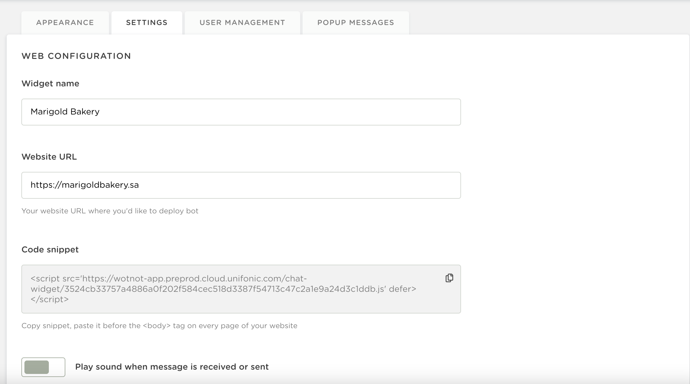 Screen Shot 2023-01-13 at 2.49.30 PM.png Code snippet displayed after connecting a Web Widget to a chatbot
